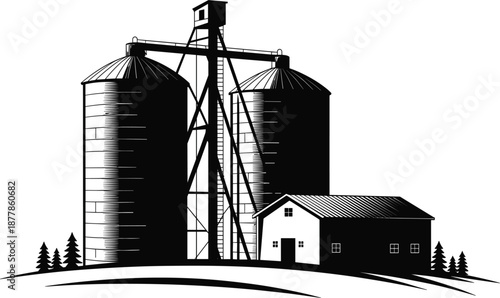 Large industrial grain silo towers and farmhouse vector illustration for agricultural storage and rural farming concepts