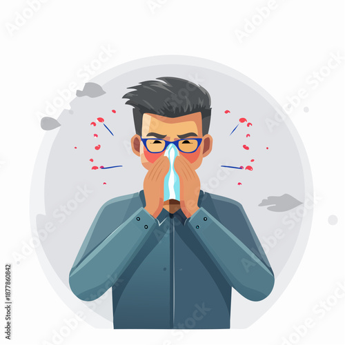Man sneezing with hands covering nose in a cartoon illustration depicting health issues and allergy reactions