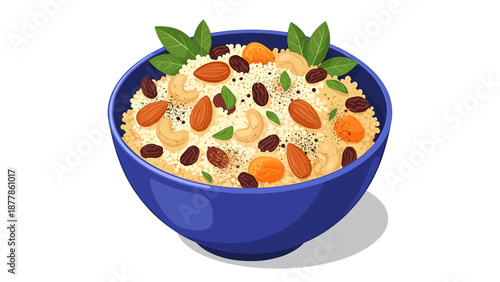 Healthy bowl of rice with nuts and dried fruits