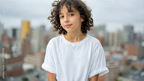 Thoughtful girl with curly hair standing on rooftop overlooking city skyline