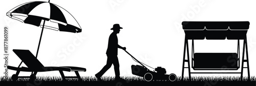 Man mowing lawn in garden with swing and sun lounger, outdoor yard maintenance scene, summer lifestyle black vector illustration