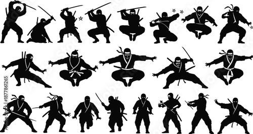  Ninja warrior silhouette collection in dynamic fighting poses, martial arts action characters, stealth combat concept, black and white vector illustration set.eps