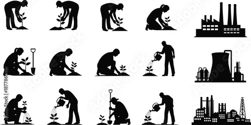Planting trees and industrial pollution silhouette comparison, environmental conservation versus factory emissions concept, ecology and sustainability awareness, black and white vector illustration