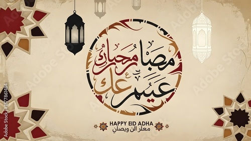 Eid mubarak greeting card with lanterns and arabic calligraphy on beige background with star patterns
