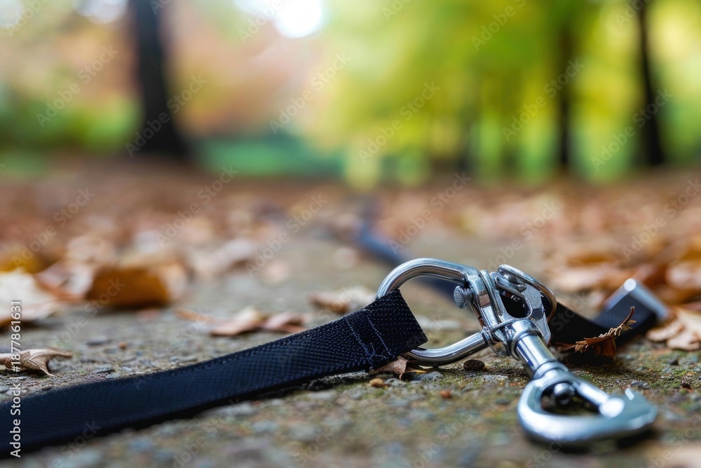 Fototapeta premium Empty dog leash lying on the ground in a park covered with dry fallen leaves, suggesting a lost dog