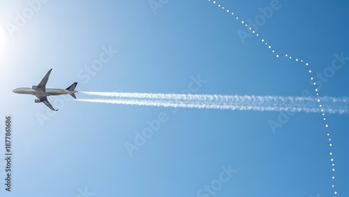 Airplane flying in blue sky with contrail and dotted trail chemtrail