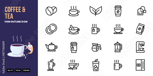 coffee and tea outline icon set vector design good for web and mobile app