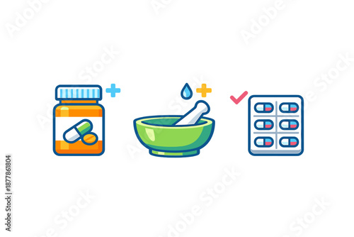 Medicine icons: bottle, mortar and pestle, blister pack
