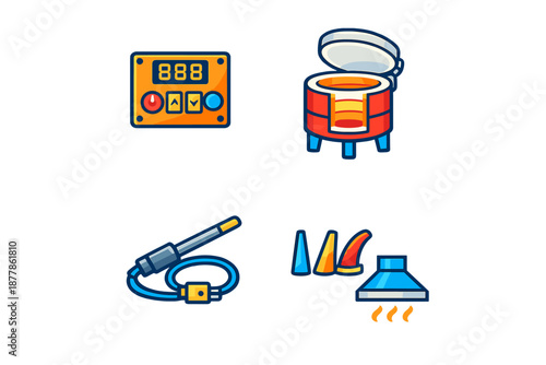 Pottery kiln and equipment icon set