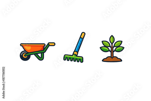 Gardening tools and a plant icon on a dark background