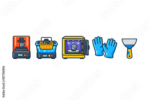 3D printing process icons: print, wash, cure, gloves, scraper