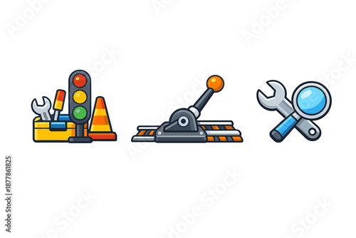 Construction and maintenance icons: toolbox, traffic light, lever