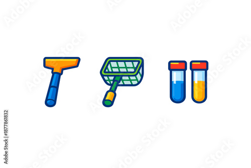 Laboratory equipment icons: Razor, net, and test tubes