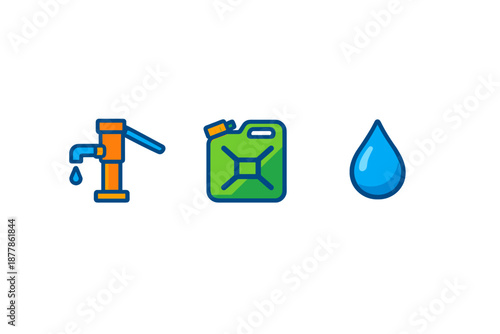 Water pump, jerrycan, and water drop icons with blue glow on dark