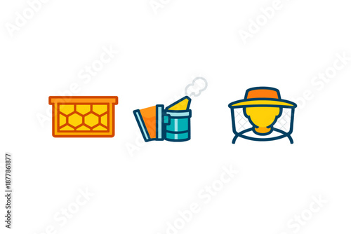 Beekeeping icons: honeycomb, smoker, and beekeeper suit