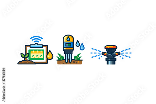 Smart watering system icons with plant, sensor, and sprinkler