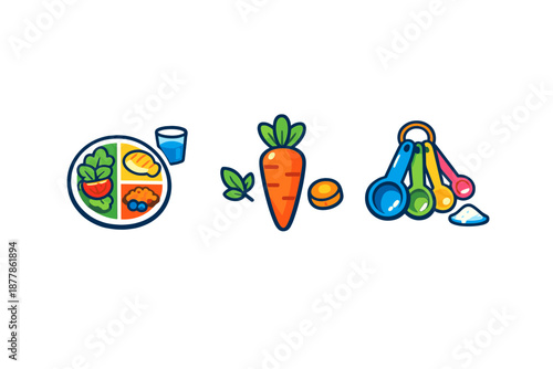 Healthy food, ingredients and measuring tools icons