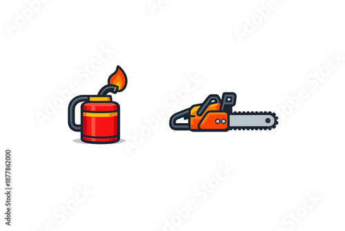 Cartoon torch and chainsaw icons on a gradient background