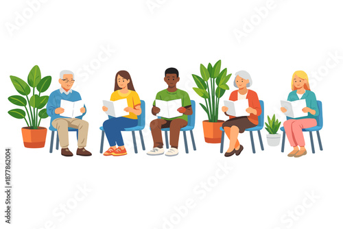 Diverse group of people reading books while sitting on chairs