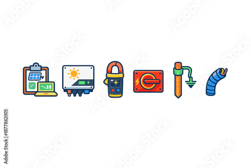 Solar energy system icons on a blurred background