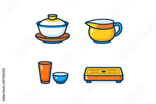 Stylized icons of tea ceremony equipment