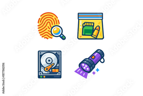Digital forensics icons: fingerprint, evidence bag, hard drive
