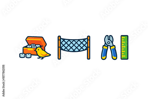 Treasure chest, bird, net, pliers and ruler icons