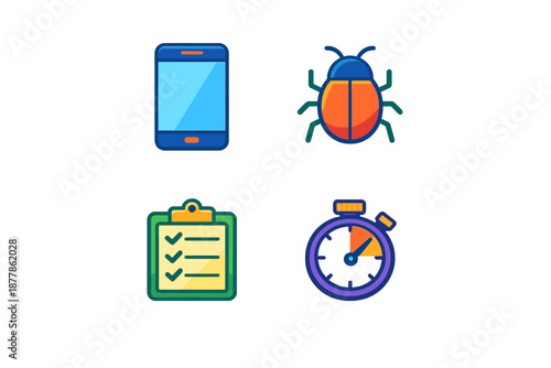 Digital icons: smartphone, bug, checklist, and stopwatch