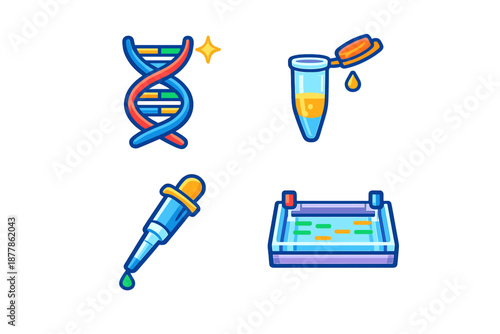 Science Icons: DNA, Test Tube, Pipette, and Gel Electrophoresis