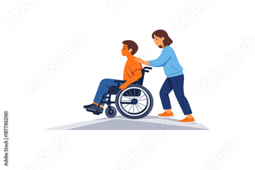 Woman pushing man in wheelchair, illuminated by light
