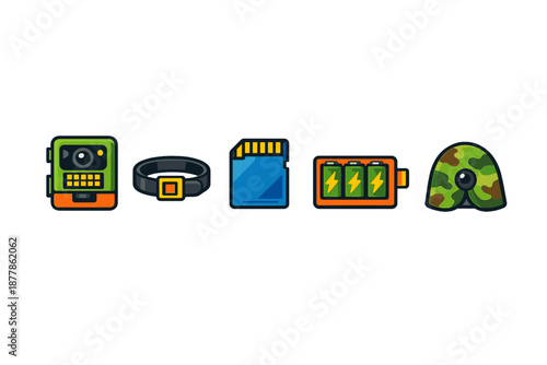 Outdoor equipment icons: camera, collar, SD card, batteries