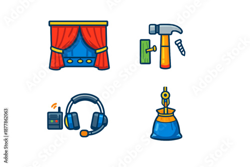 Icon set: Theater curtain, tools, headphones, and a bag