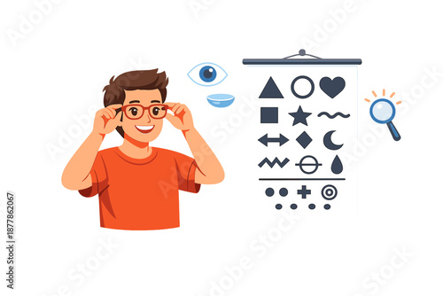 Boy adjusting glasses near eye chart and contact lens