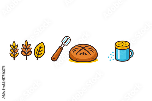 Wheat, bread, and salt shaker icons with a blurry background