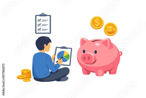Man planning finances next to a piggy bank with coins