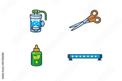 Aquarium care tools and equipment icons