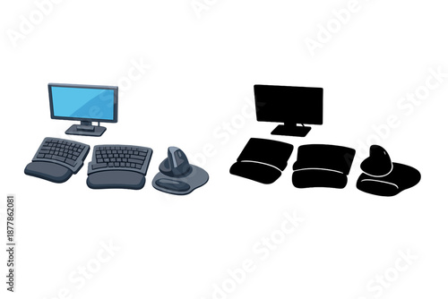 Ergonomic computer setup in dark environment with blue screen glow