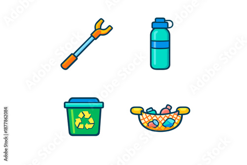 Environmental cleanup icons: grabber, bottle, bin, and collected waste