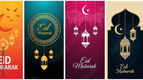 Collection of eid mubarak greeting cards and posters with islamic patterns and lanterns