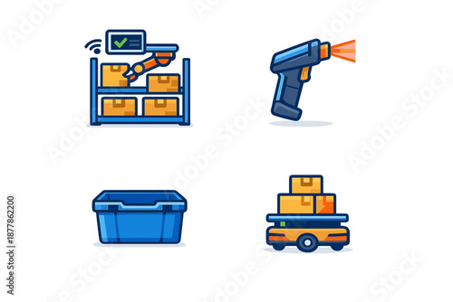 Warehouse automation icons: robot arm, scanner, bin, and delivery cart