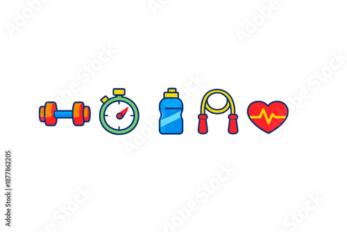 Fitness and Health Icons: Dumbbell, Stopwatch, Water Bottle, Jump