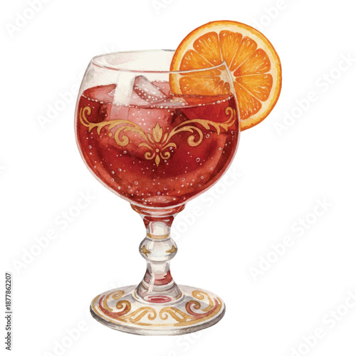 Florence Negroni Sbagliato Watercolor Illustration, Italian Sparkling Aperitif, Hand Painted Vector Isolated on White
