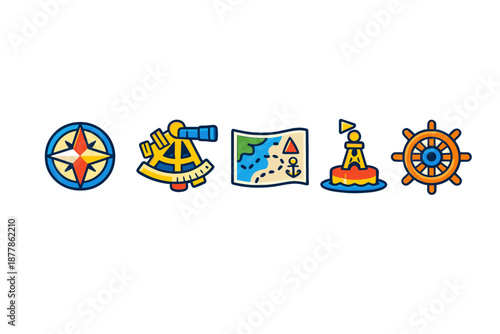 Nautical navigation icons: compass, sextant, map, buoy, helm