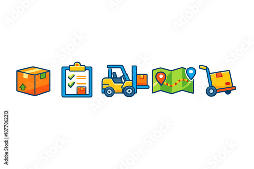 Logistics and delivery icons: box, checklist, forklift, map, trolley