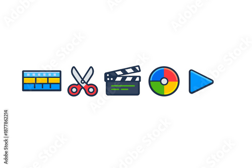 Video editing icons: timeline, scissors, clapperboard, color wheel