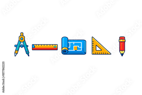 Set of architectural tools with glowing effect