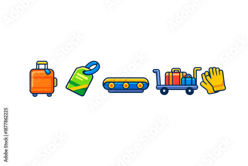 Airport baggage icons: suitcase, tag, conveyor, trolley, gloves
