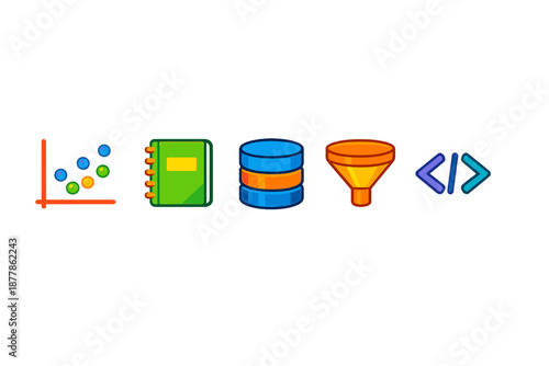 Data processing icons: graph, notebook, database, funnel, code