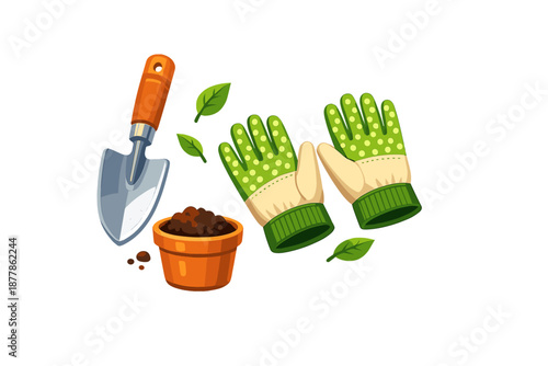 Gardening tools, pot with soil, and gloves with leaves