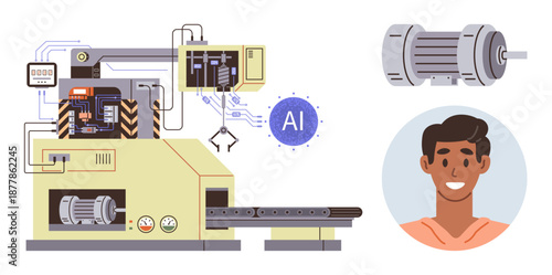 Artificial intelligence, automation, production, manufacturing, engineering, smart technology. Advanced machinery with robotic arm connected to AI system and human profile. Artificial intelligence